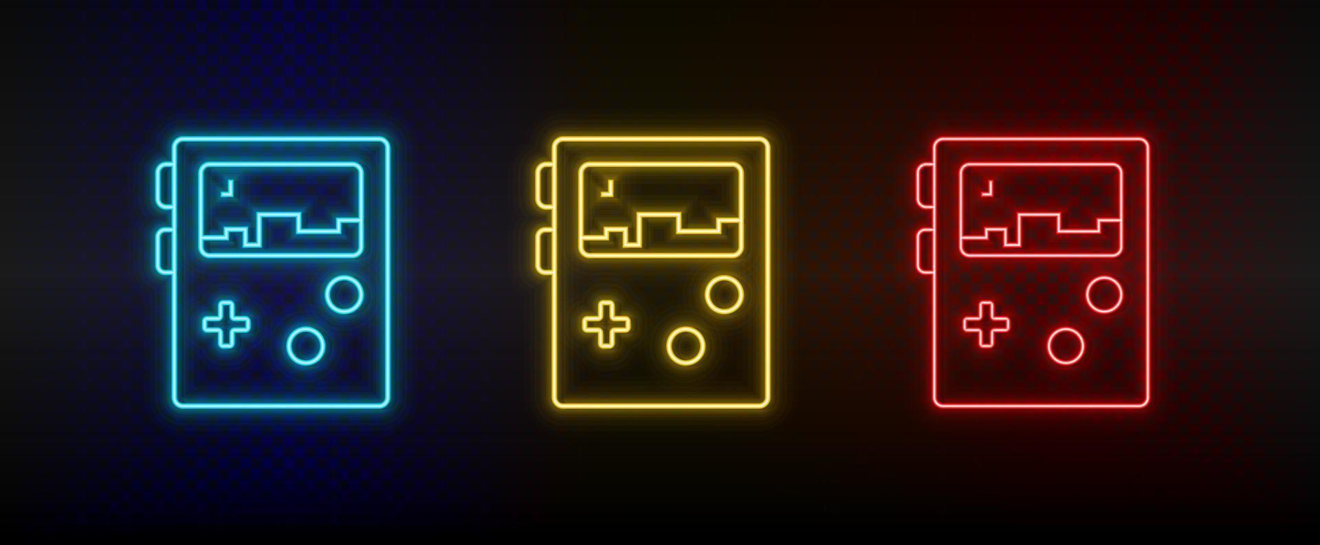 iconos de neón. consola portátil de juegos retro. conjunto de icono de vector de neón rojo, azul, amarillo sobre fondo oscuro