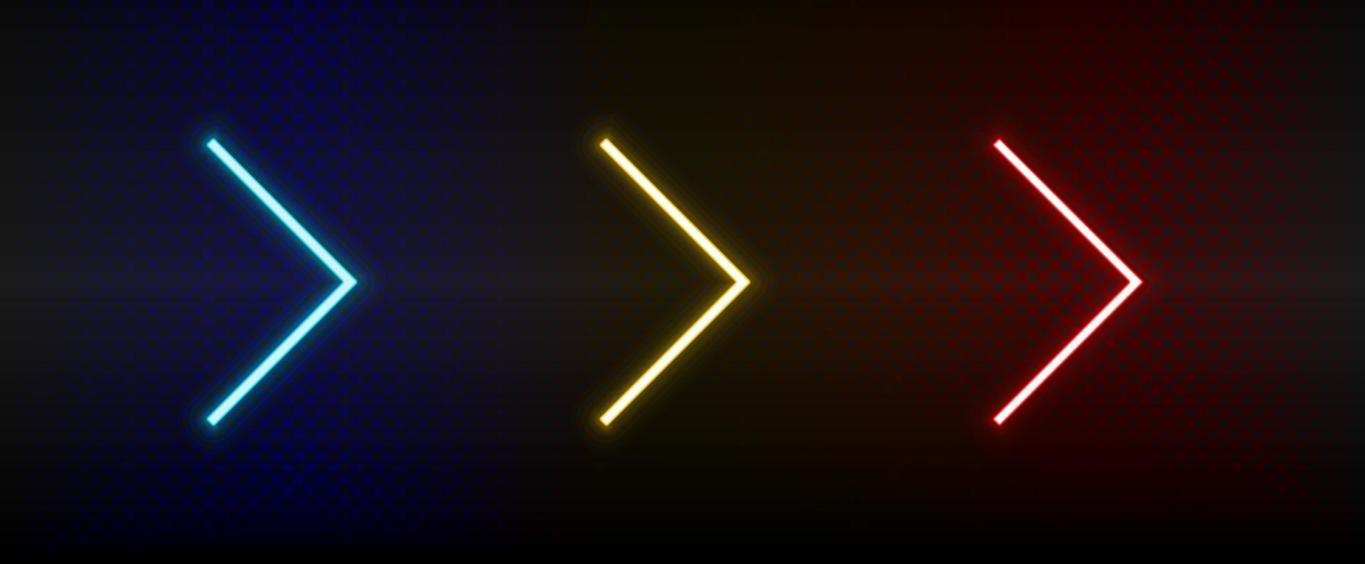 Neon icons. Ui arrow. Set of red, blue, yellow neon vector icon on darken background