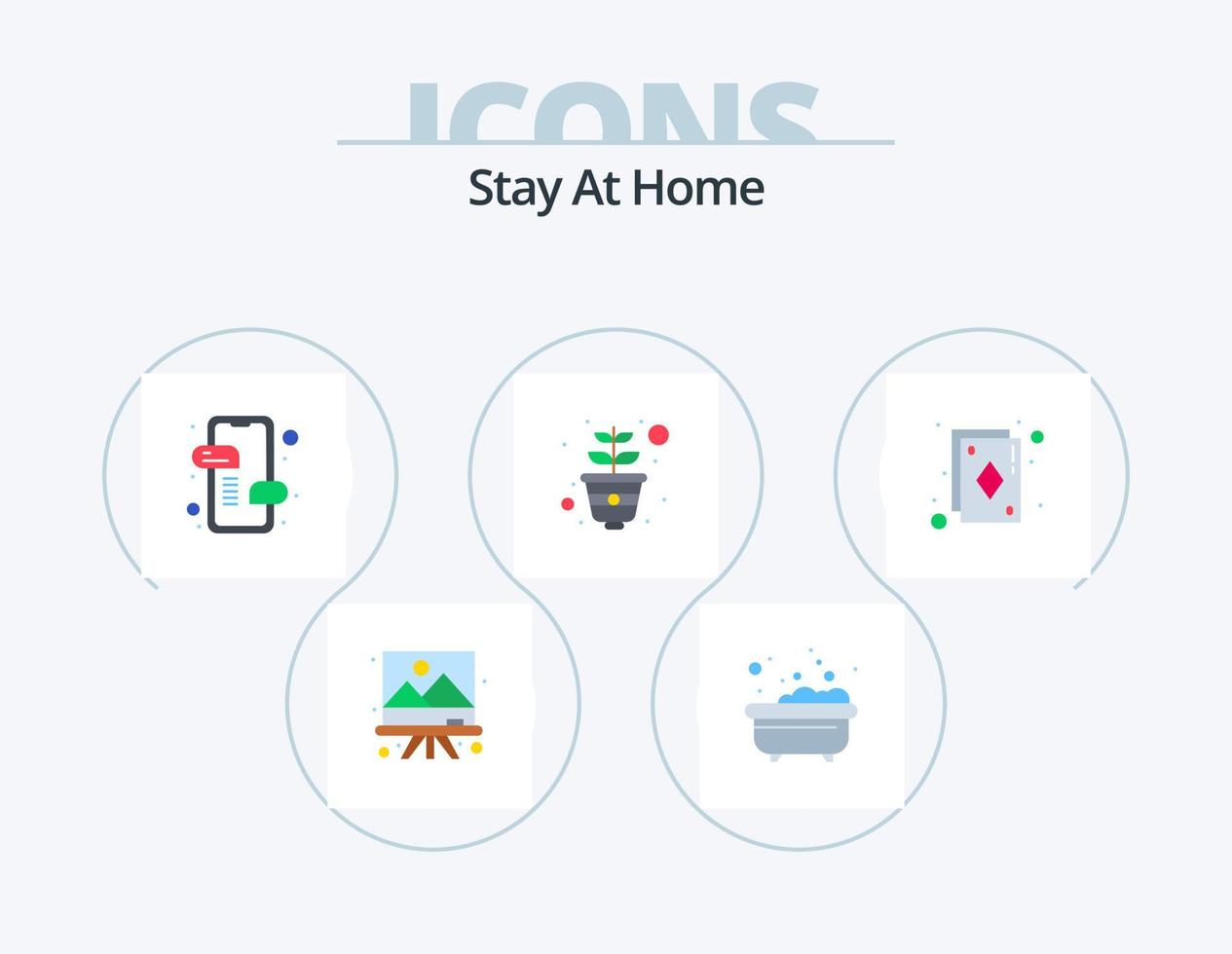 Stay At Home Flat Icon Pack 5 Icon Design. cards. growing. messages. pot. gardening vector