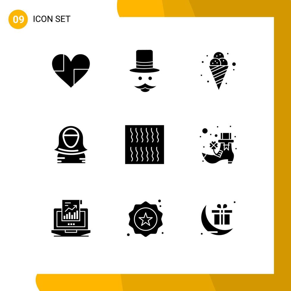 Pack of 9 Modern Solid Glyphs Signs and Symbols for Web Print Media such as gulf avatar hat arab ice cream Editable Vector Design Elements
