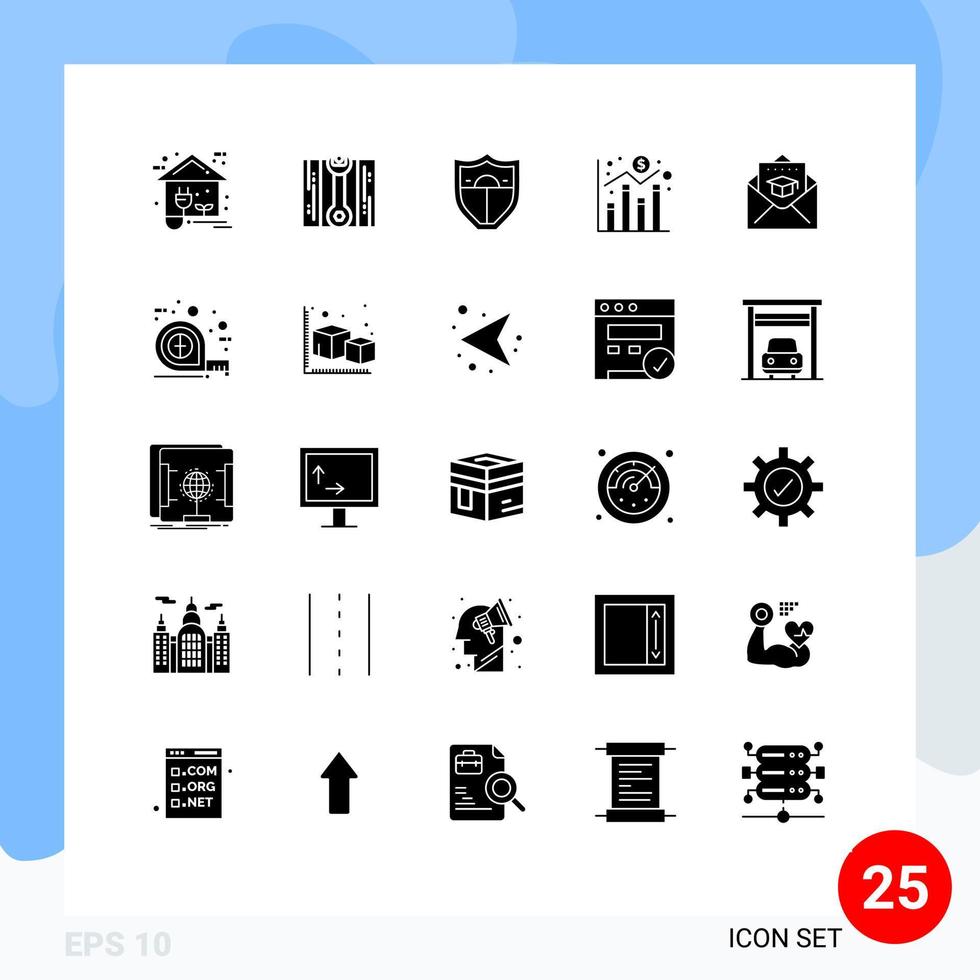 Pack of 25 creative Solid Glyphs of graduation cap shield economy chart Editable Vector Design Elements