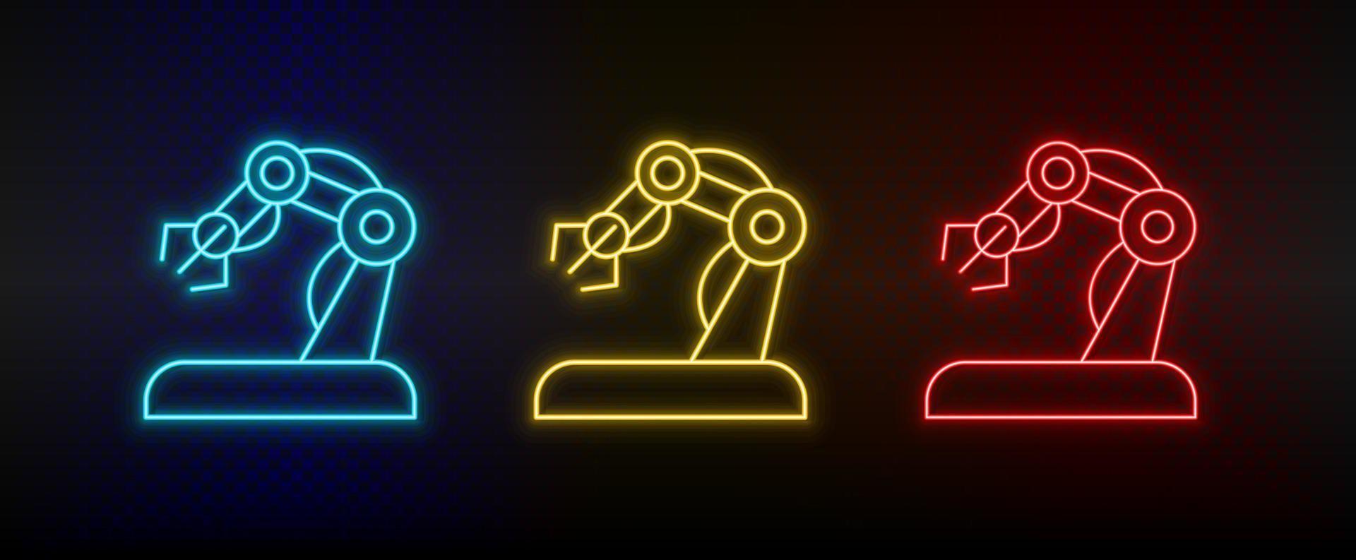 Neon icons. hand robotic arm. Set of red, blue, yellow neon vector icon on darken background