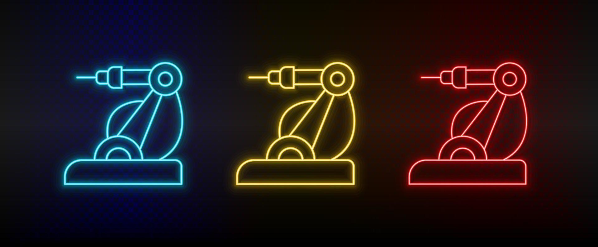 Neon icons. hand robotic arm laser. Set of red, blue, yellow neon vector icon on darken background