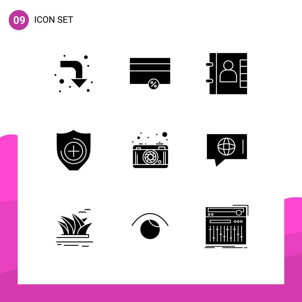 User Interface Pack of 9 Basic Solid Glyphs of chat lense contacts photography shield Editable Vector Design Elements