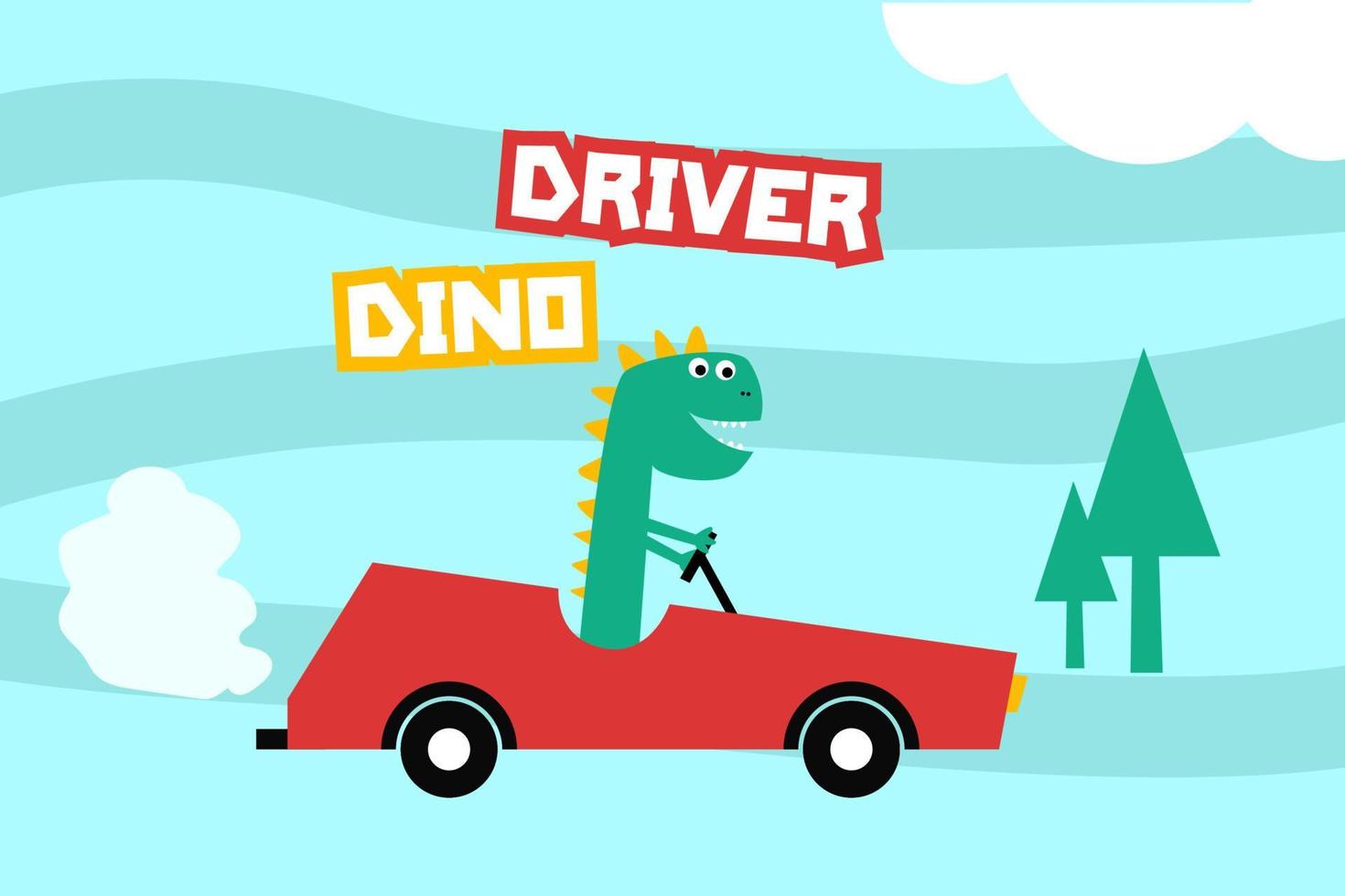 Vector dino on car cartoon concept design illustration