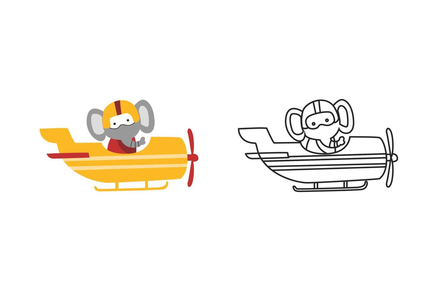 ilustración vectorial de un pequeño elefante piloto en un avión, libro de colorear o página vector