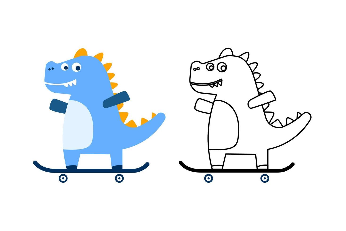 Coloring cute dino cartoon playing skateboard concept design illustration vector
