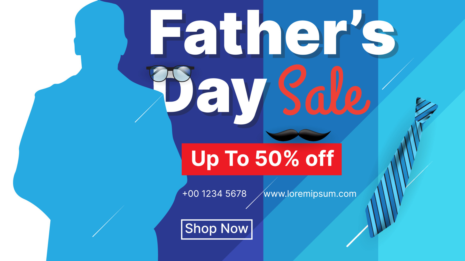 Father's day sale banner background with glasses, tie, mustache for