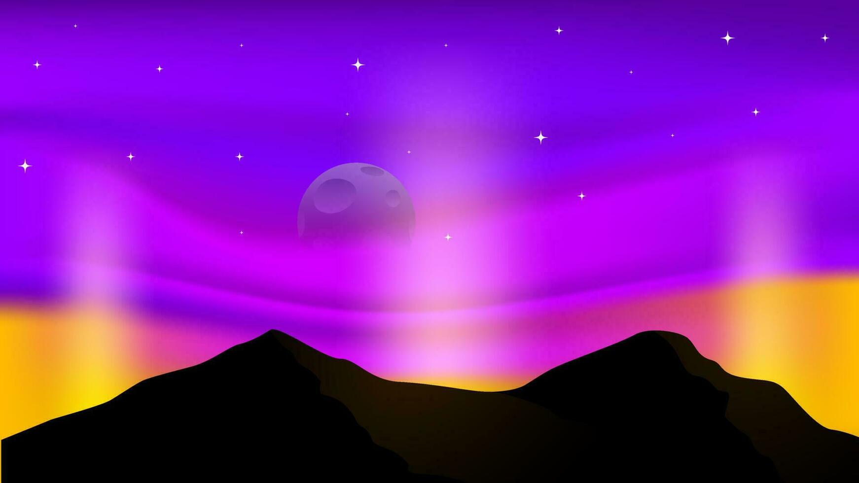 noght landscape vector illustration with mountain, moon, stars and sky