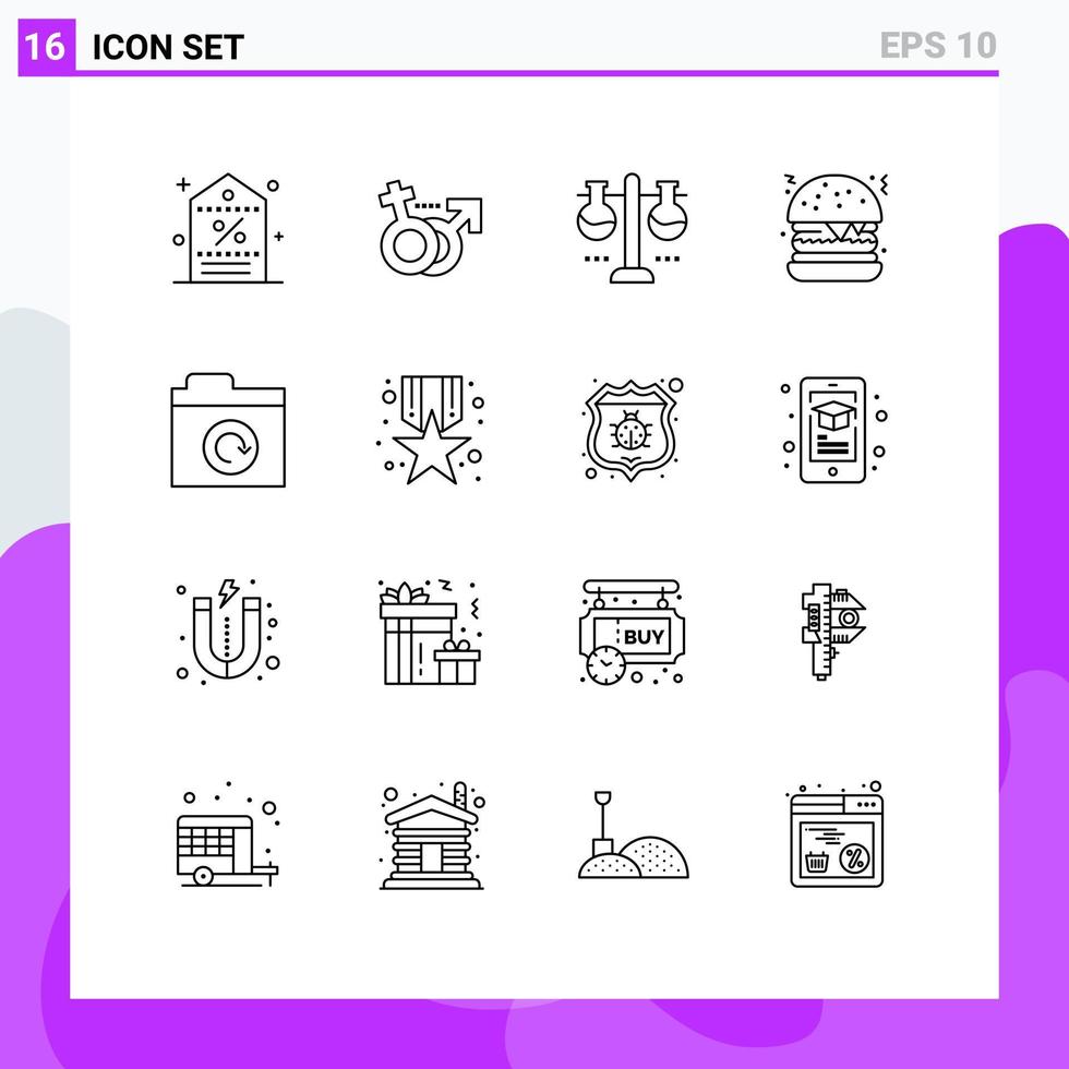 Outline Pack of 16 Universal Symbols of folder fast food symbol burger test flask Editable Vector Design Elements