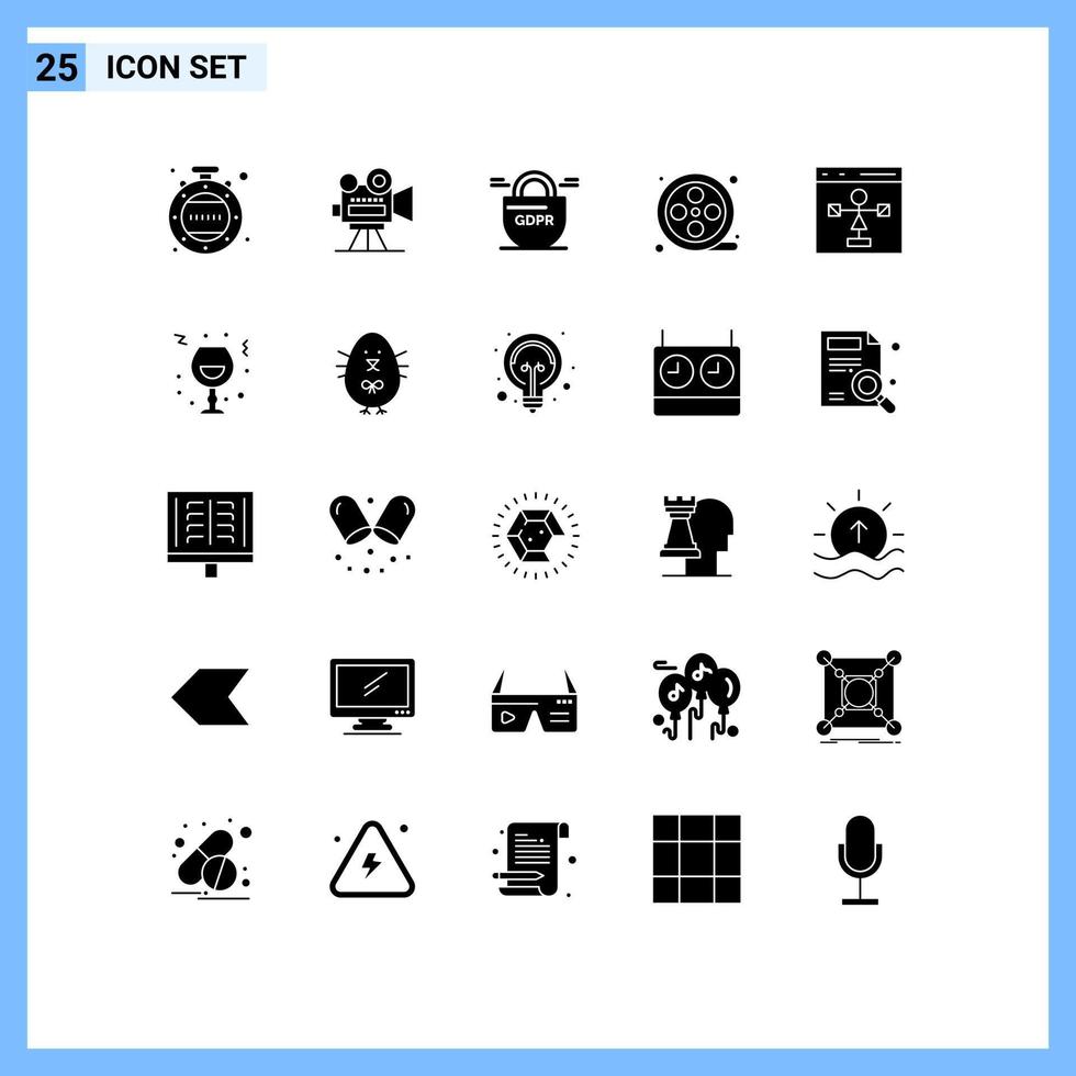 conjunto moderno de 25 glifos y símbolos sólidos, como diagramas de flujo, desarrollo de elementos de diseño de vectores editables de carrete de película de codificación gdpr
