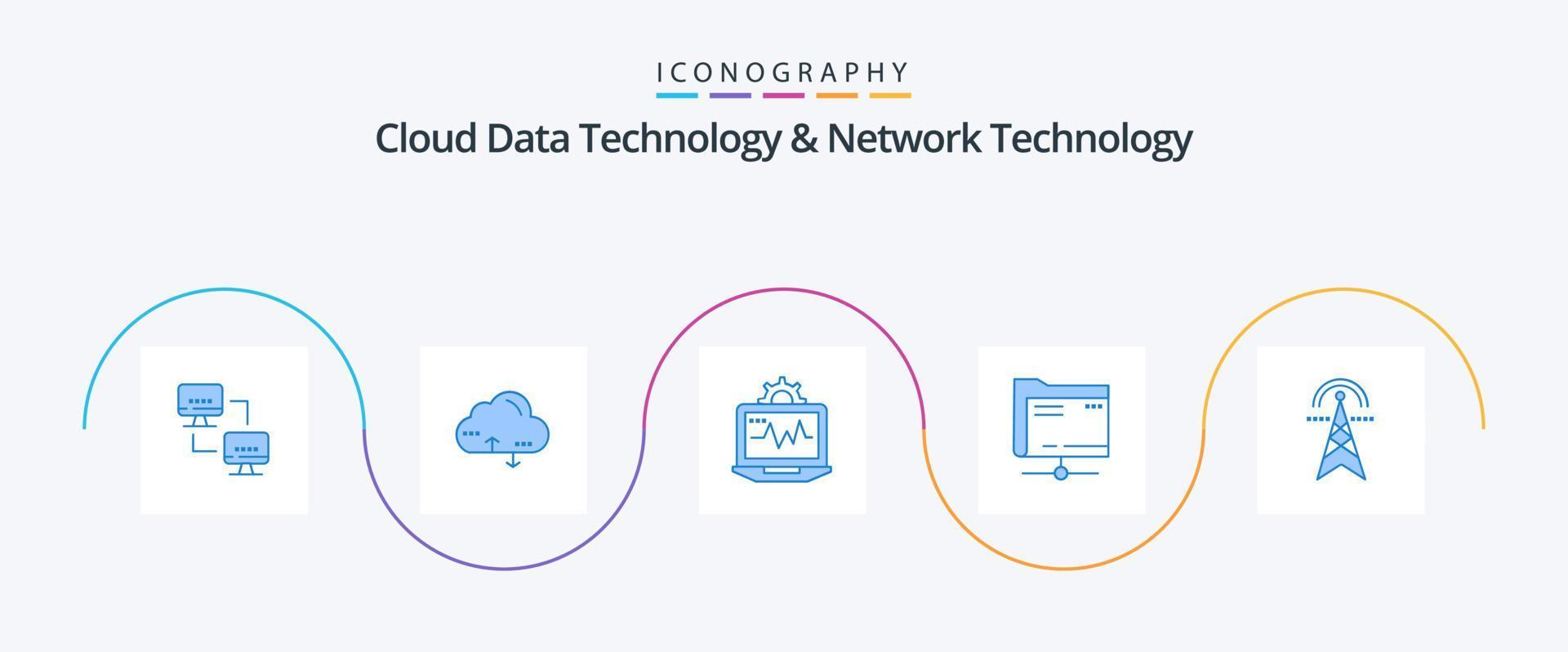 Cloud Data Technology And Network Technology Blue 5 Icon Pack Including electricity. storage. laptop. server. folder vector