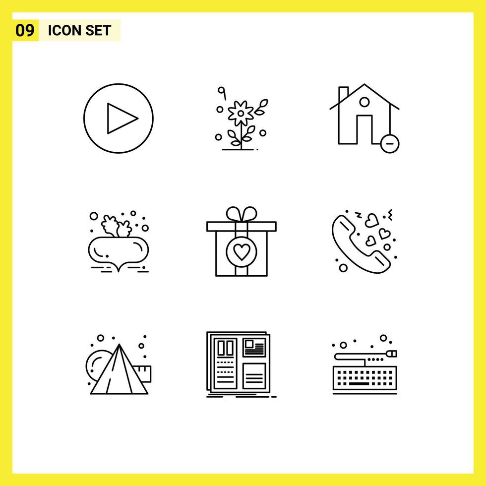 Set of 9 Vector Outlines on Grid for present gift estate healthy diet beetroot Editable Vector Design Elements