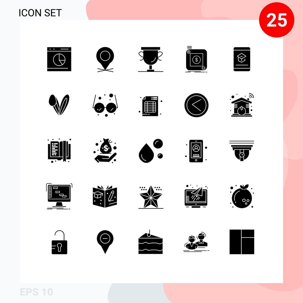 25 Universal Solid Glyphs Set for Web and Mobile Applications mobile app pin store trophy Editable Vector Design Elements