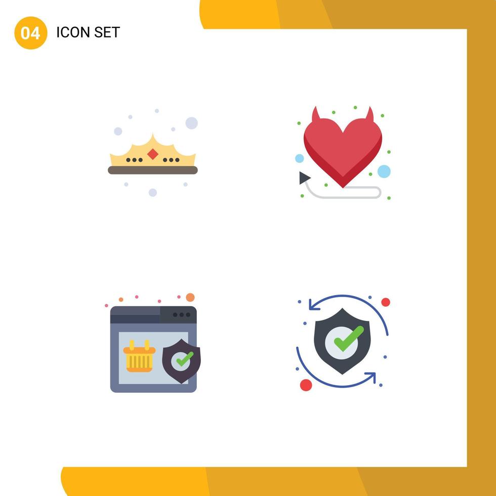 Pack of 4 Modern Flat Icons Signs and Symbols for Web Print Media such as crown shield jewelry heart shopping Editable Vector Design Elements