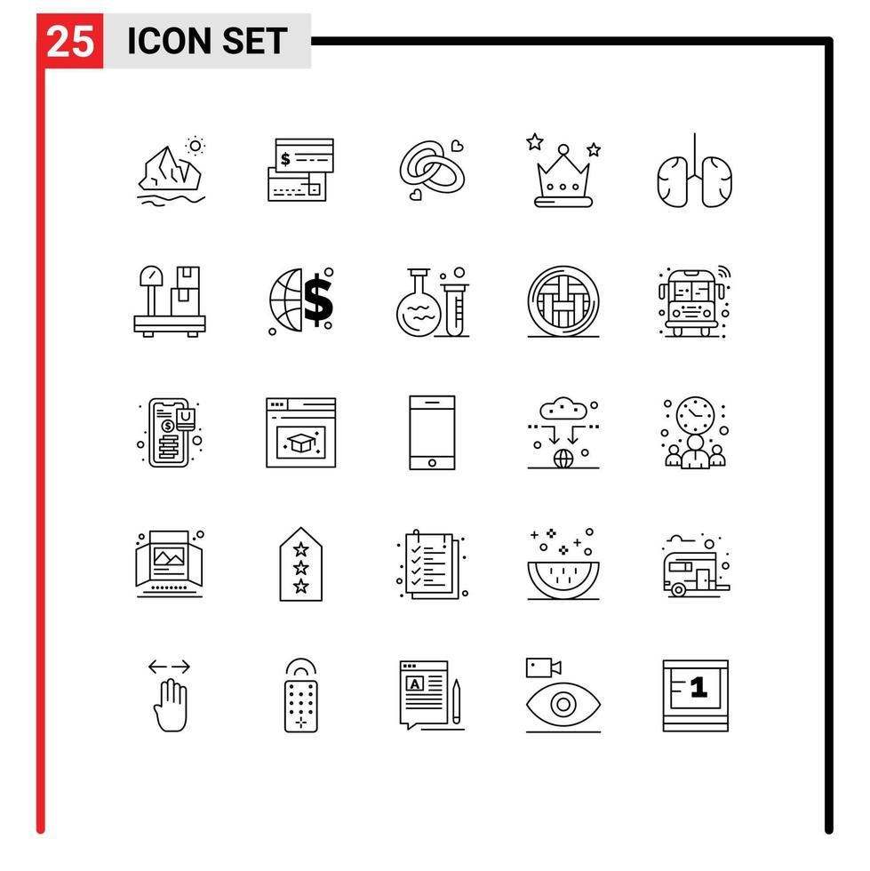 Set of 25 Vector Lines on Grid for crown achievement debit love wedding ring Editable Vector Design Elements