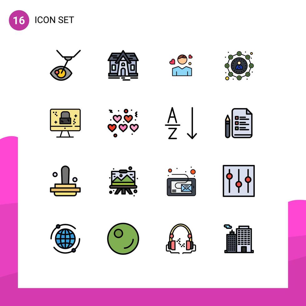 Pictogram Set of 16 Simple Flat Color Filled Lines of monitor user boy marketing affiliate Editable Creative Vector Design Elements