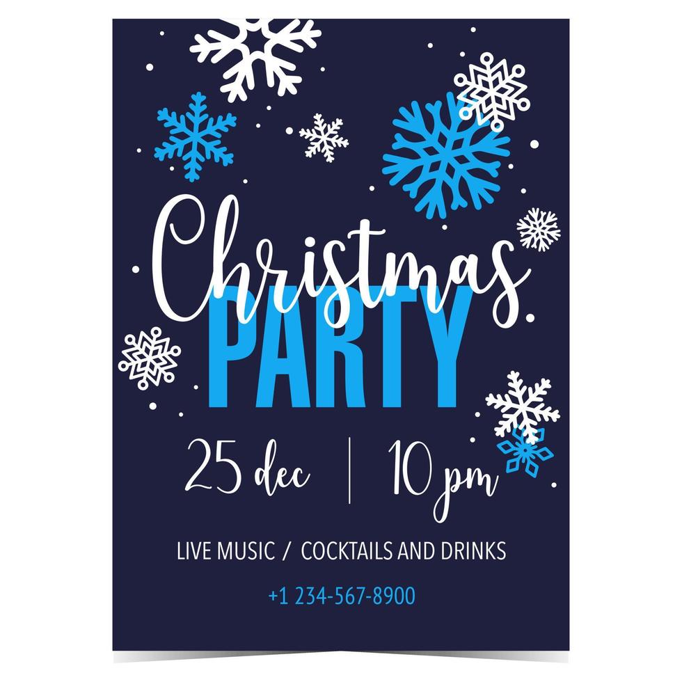 Christmas party invitation postcard. Vector illustration of poster, banner, leaflet or flyer suitable for Christmas celebration announcement and promotion with snowflakes on blue background.