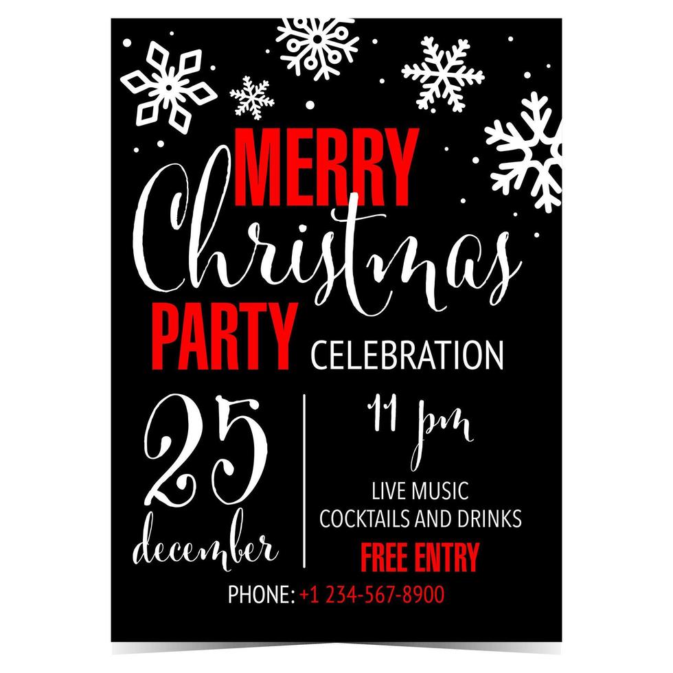 Merry Christmas party poster, banner or invitation postcard. Vector illustration for Christmas celebration party on December 25 with white snowflakes and red text on black background. Ready to print.