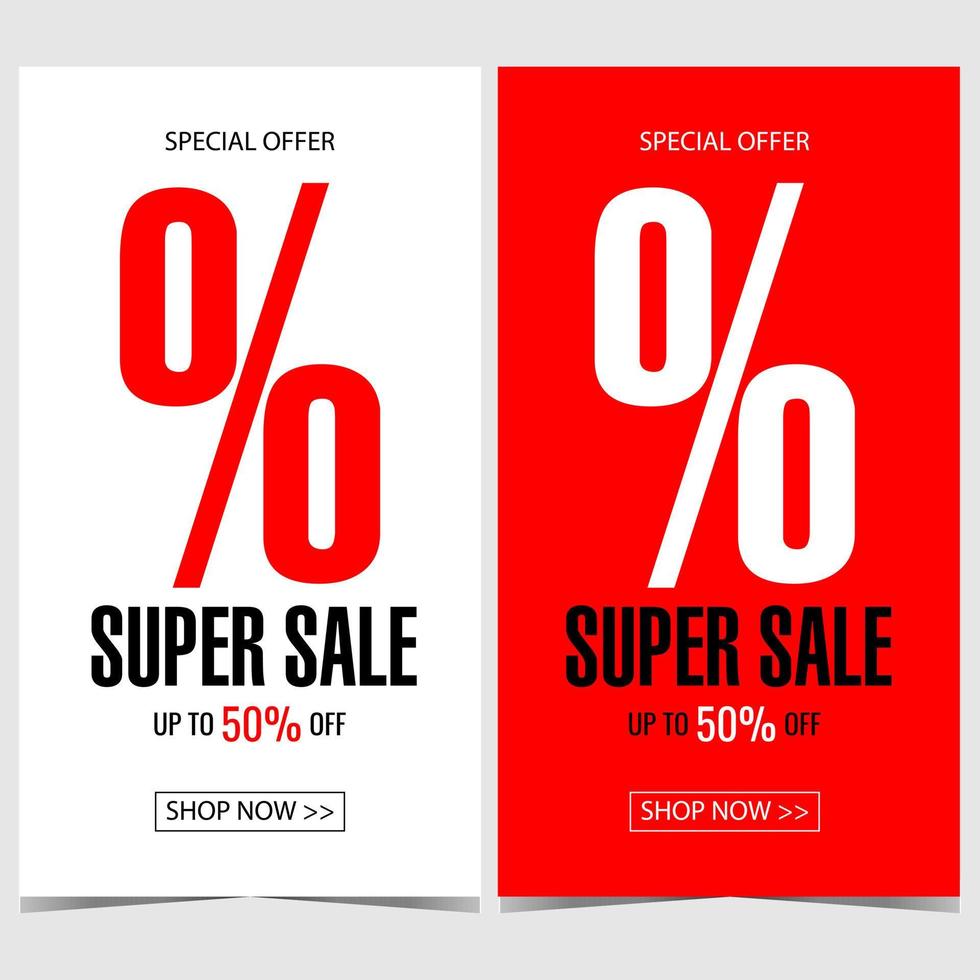 Sale and discount poster with big percent sign in the middle of illustration on white or red background. Vector design template suitable sale and discount shopping season promotion during holidays.