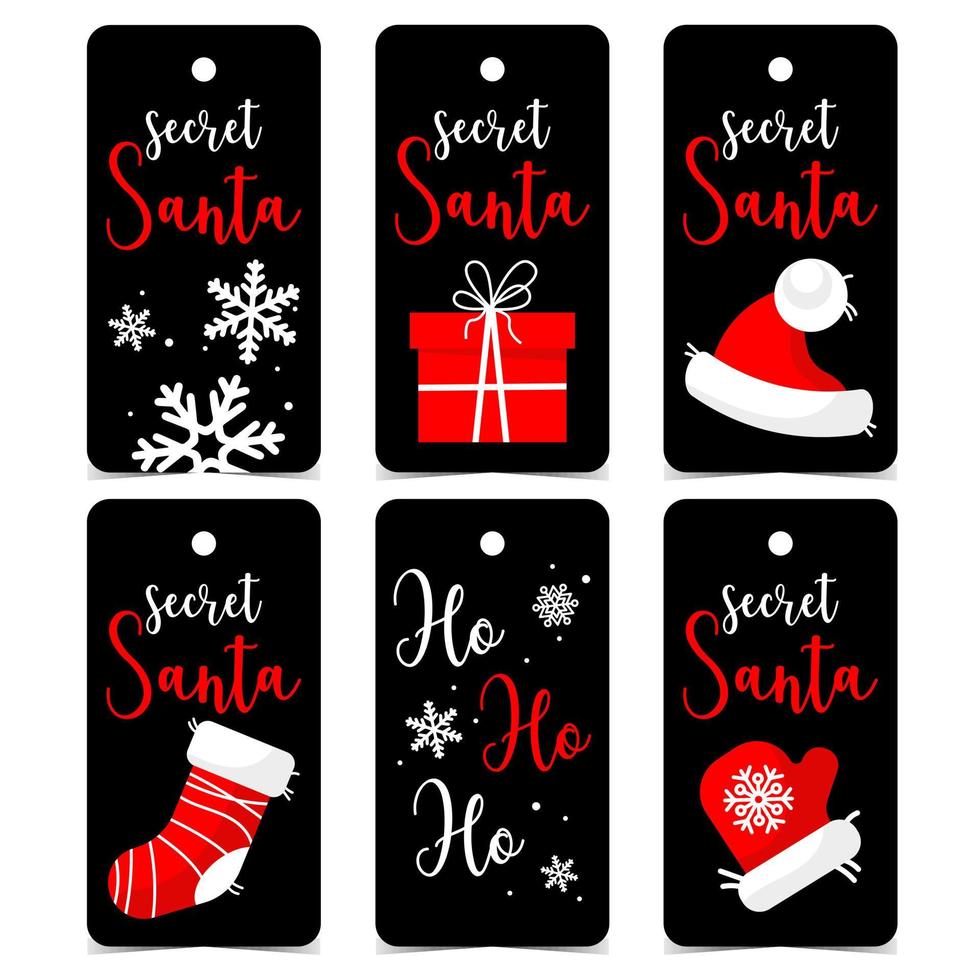 Secret Santa tag or label with Christmas elements such as gift or present, Christmas stocking, red Santa Claus mittens and hat on black background. Vector illustration in flat style.