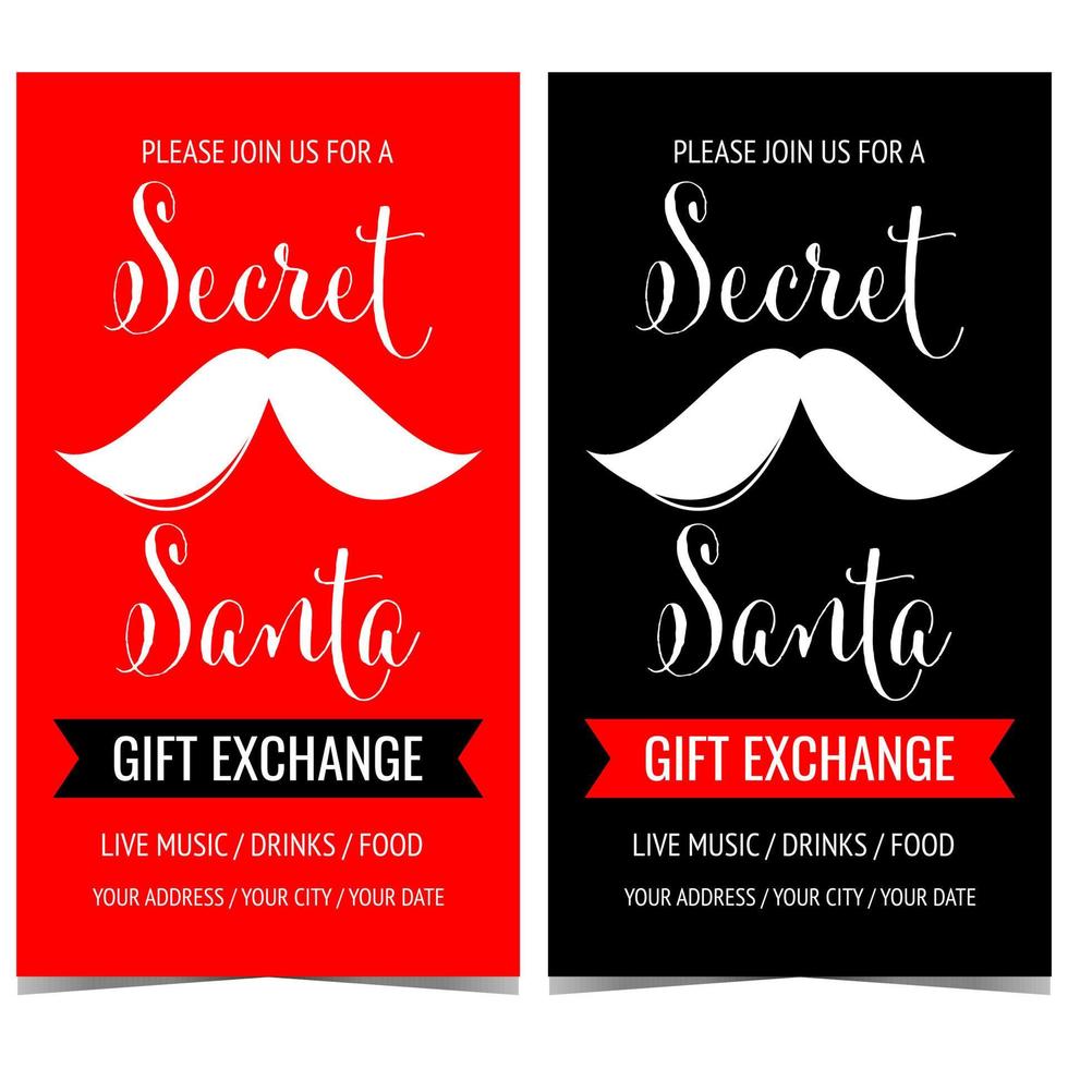 Secret Santa gift exchange invitation. Vector illustration of banner, poster or postcard for Christmas Secret Santa gift-giving party with mustache of Santa Claus on red or black background.