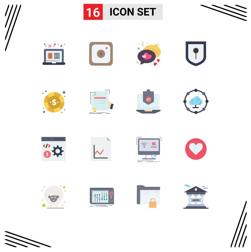 Universal Icon Symbols Group of 16 Modern Flat Colors of certificate money love dollar coin Editable Pack of Creative Vector Design Elements