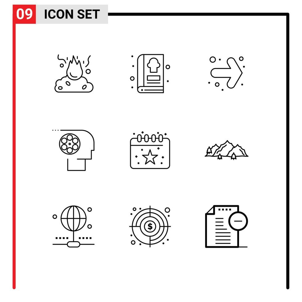 grupo universal de símbolos de iconos de 9 contornos modernos de elementos de diseño de vectores editables del equipo de trabajo de la cocina de la película de cumpleaños