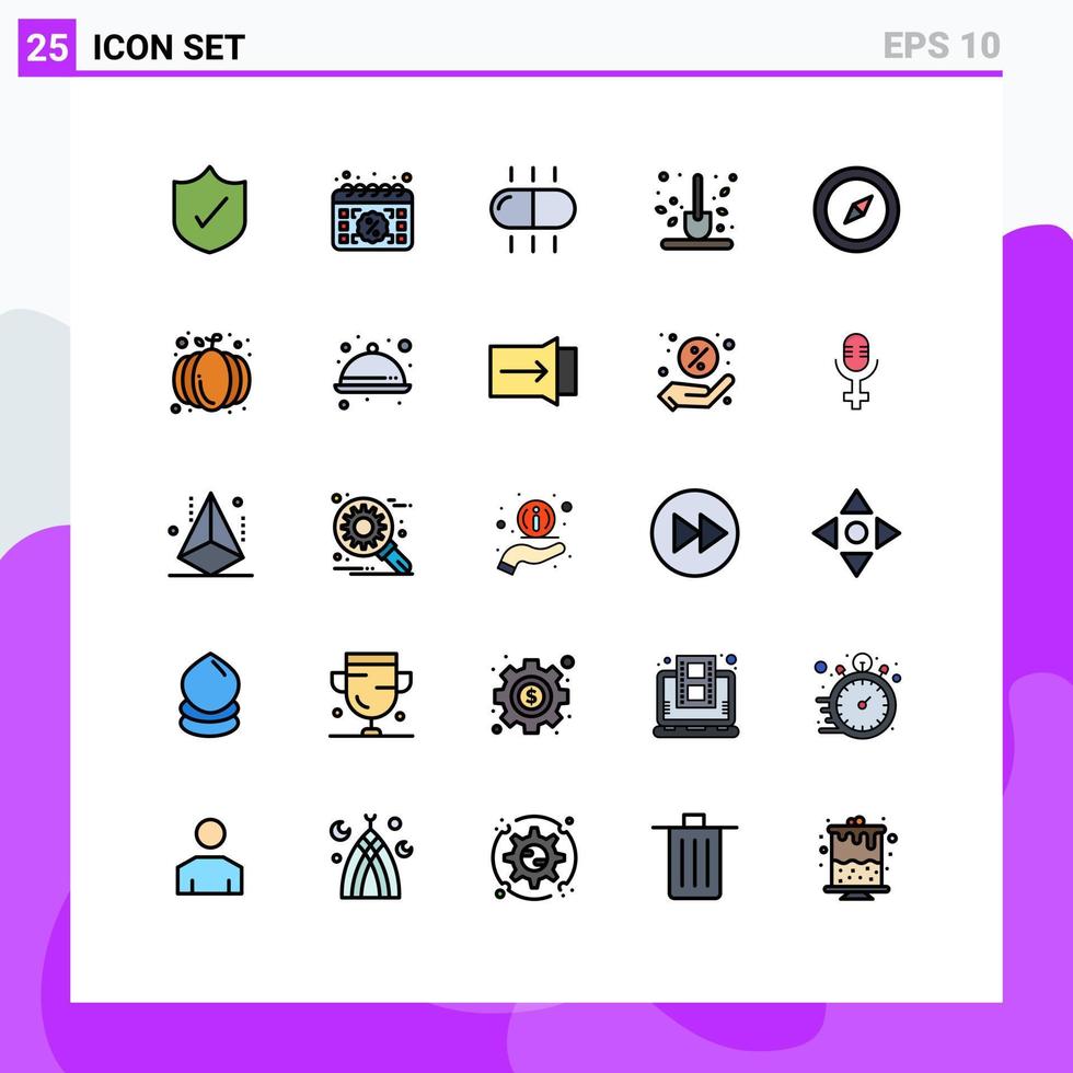 Group of 25 Filled line Flat Colors Signs and Symbols for map shovel drug scoop farm Editable Vector Design Elements