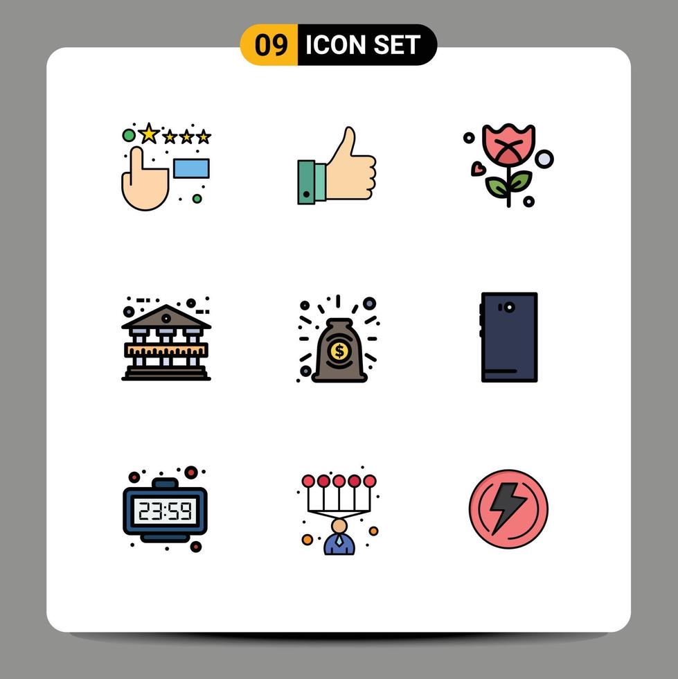 Filledline Flat Color Pack of 9 Universal Symbols of phone contract romance collaboration bank building Editable Vector Design Elements