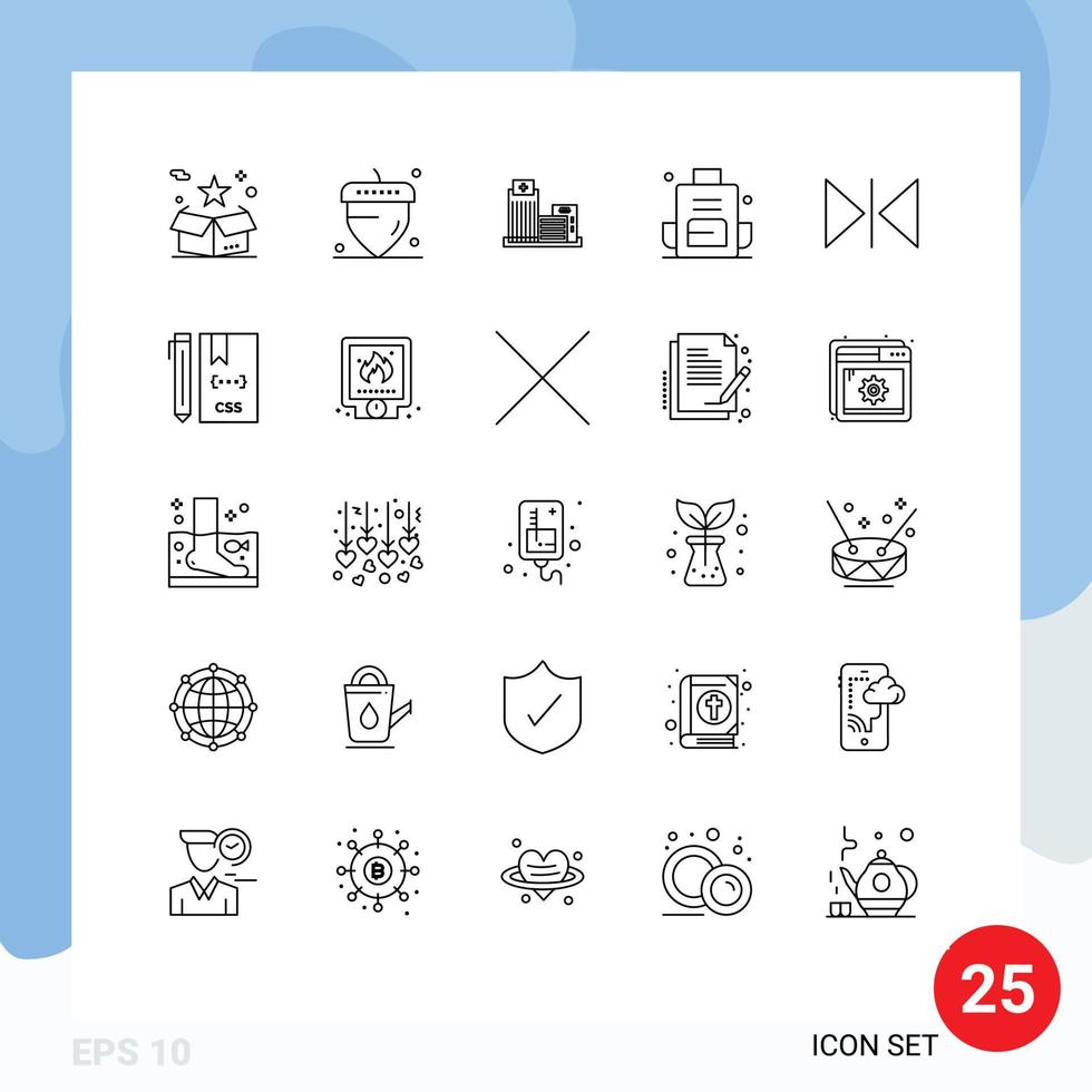 Modern Set of 25 Lines Pictograph of school bag bag building backpacking office Editable Vector Design Elements