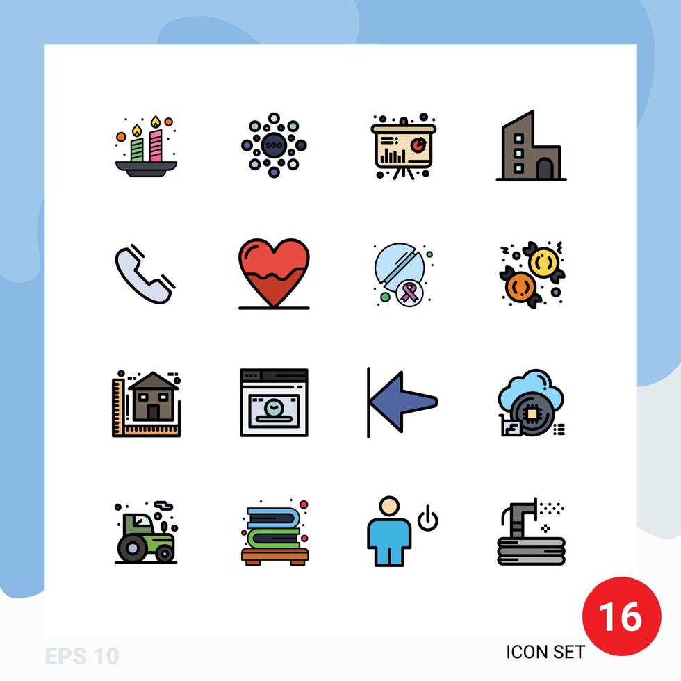 Pack of 16 Modern Flat Color Filled Lines Signs and Symbols for Web Print Media such as call modern chart estate apartment Editable Creative Vector Design Elements