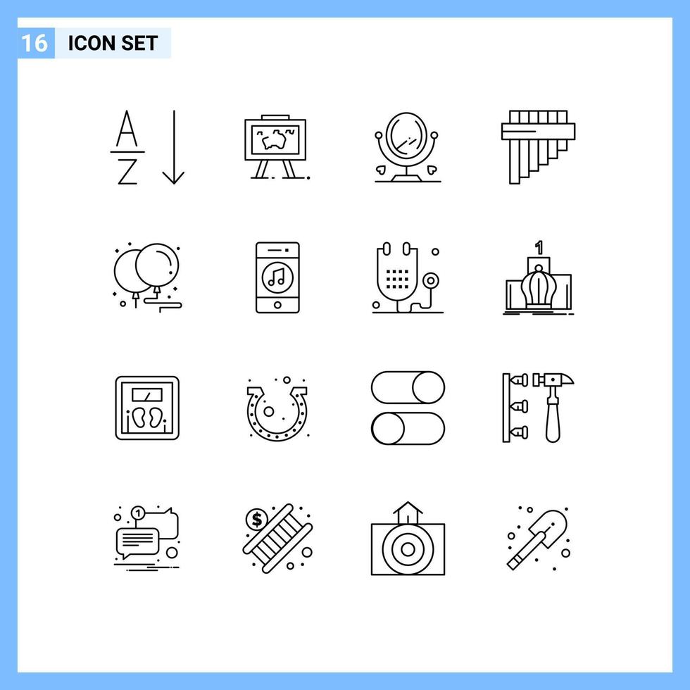Set of 16 Modern UI Icons Symbols Signs for party birthday mirror balloons instrument Editable Vector Design Elements