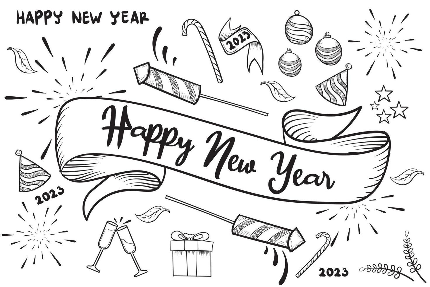 happy new year doodle hand drawn design vector