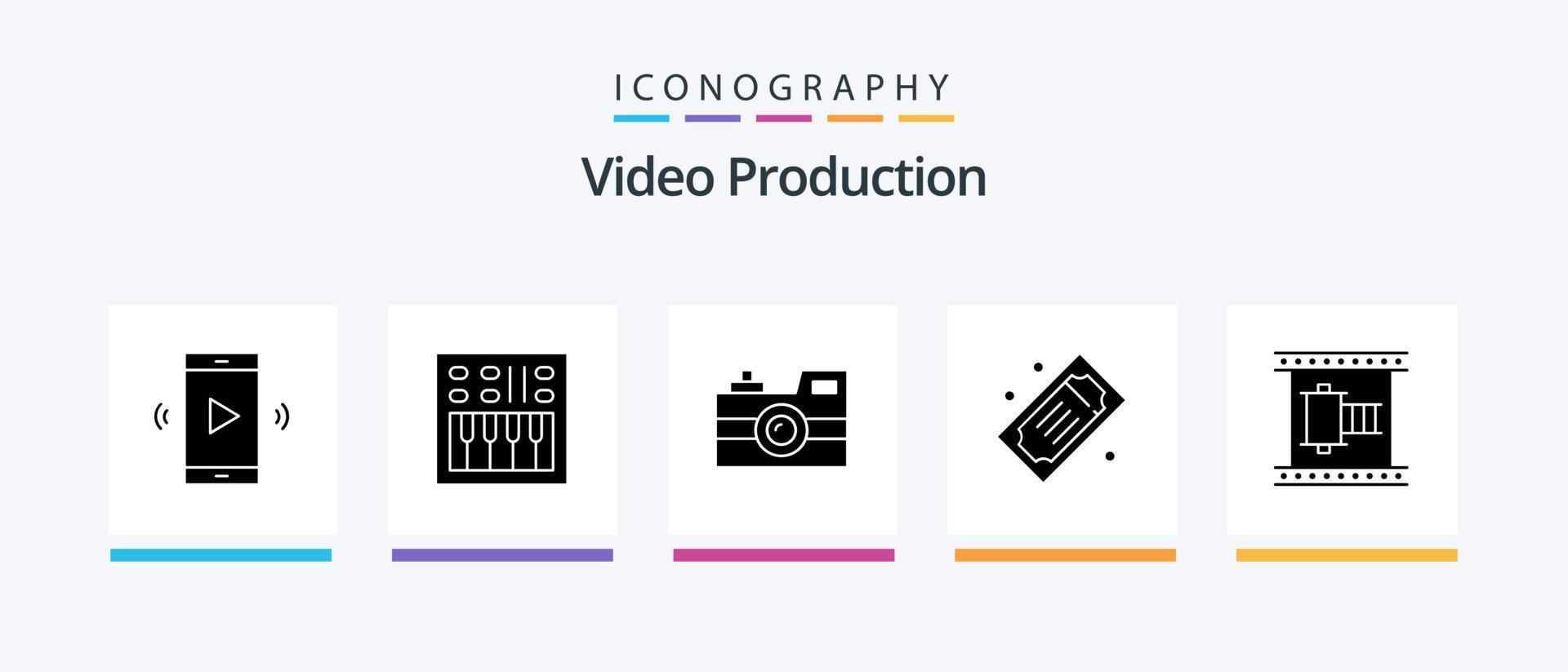 Video Production Glyph 5 Icon Pack Including filmstrip. cinema. retro camera. tickets. movie tickets. Creative Icons Design vector