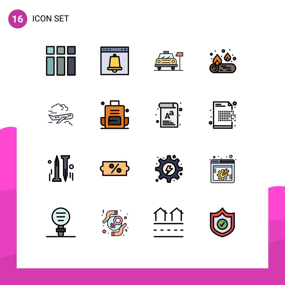 paquete de 16 líneas llenas de colores planos modernos, signos y símbolos para medios de impresión web, como el servicio de camping de la página de incendios de aviones, elementos de diseño de vectores creativos editables