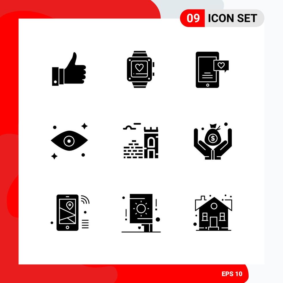 Stock Vector Icon Pack of 9 Line Signs and Symbols for firewall wall mobile watching eye Editable Vector Design Elements