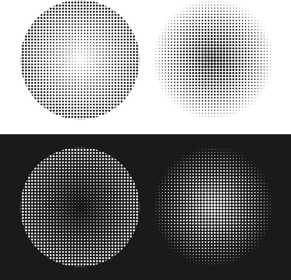Circle halftone. Abstract dotted circles, round halftones geometric dots gradient and pop art texture. Dot spray gradation vector set.