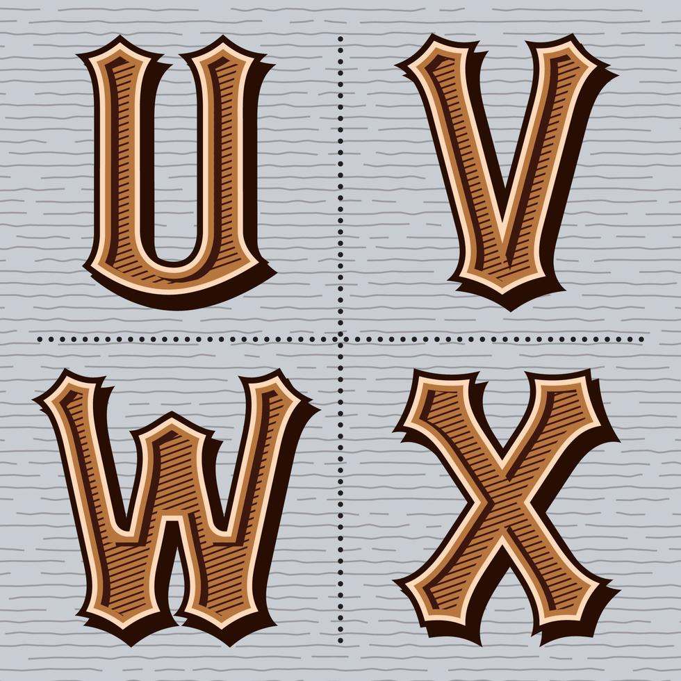 Alphabet western letters vintage design vector u, v, w, x