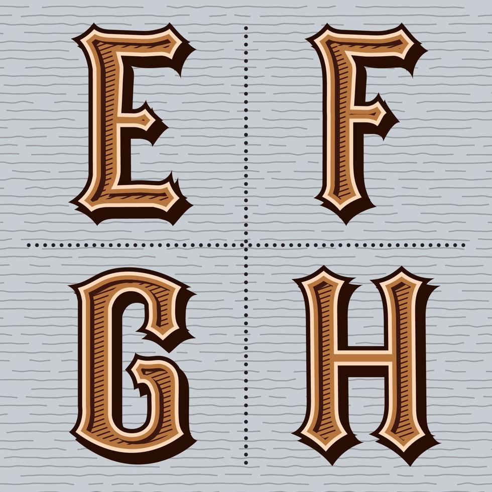 Alphabet western letters vintage design vector e, f, g, h