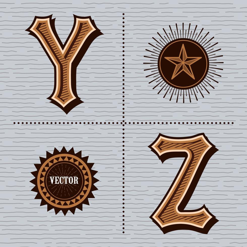 Alphabet western letters vintage design vector y, z
