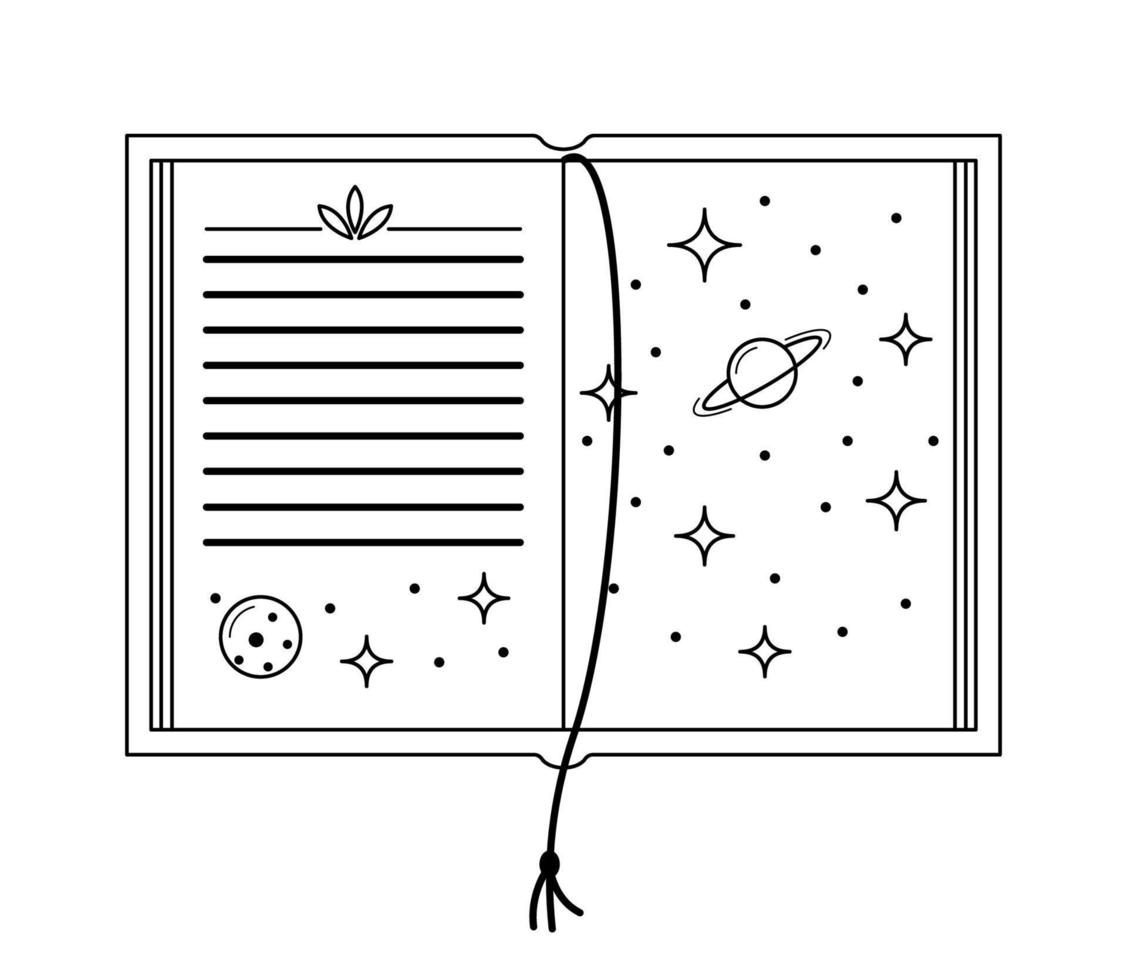 libro abierto vectorial lineal con ilustración del espacio ultraterrestre. libro de texto de esquema aislado de astrología en blanco vector