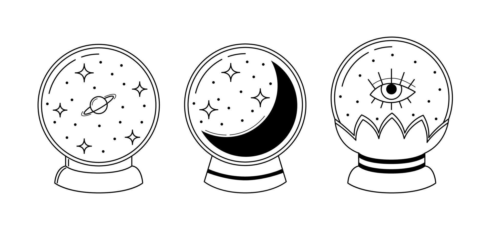 Vector linear magic glass balls for fortunetelling. Isolated outline esoteric equipment collection