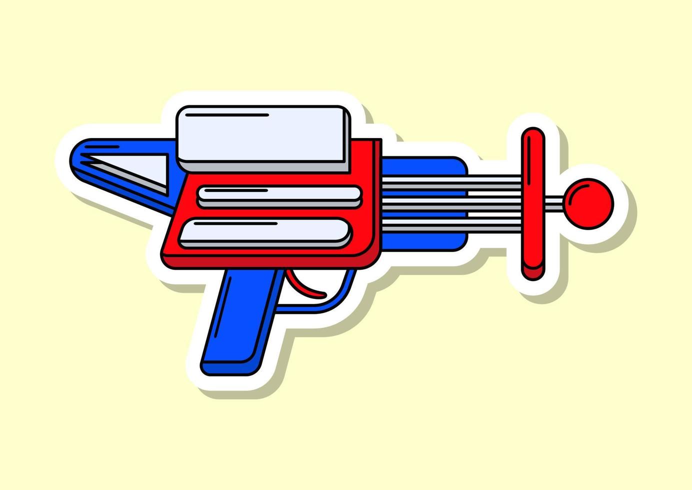 Vector cartoon blaster sticker. Isolated colorful toy gun with white contour. Futuristic weapon design