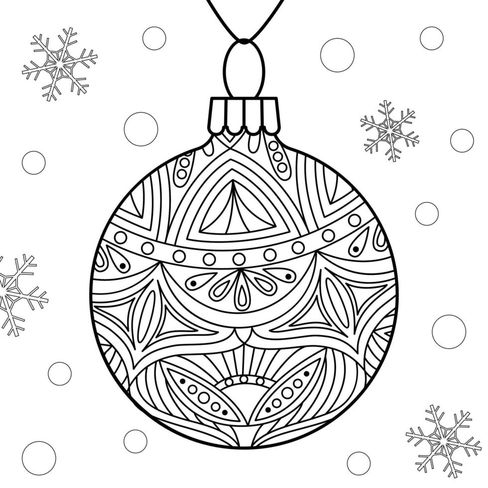 bola de árbol de navidad decorativa lineal vectorial con copos de nieve. contorno aislado decoración de vidrio winted para colorear página en blanco vector