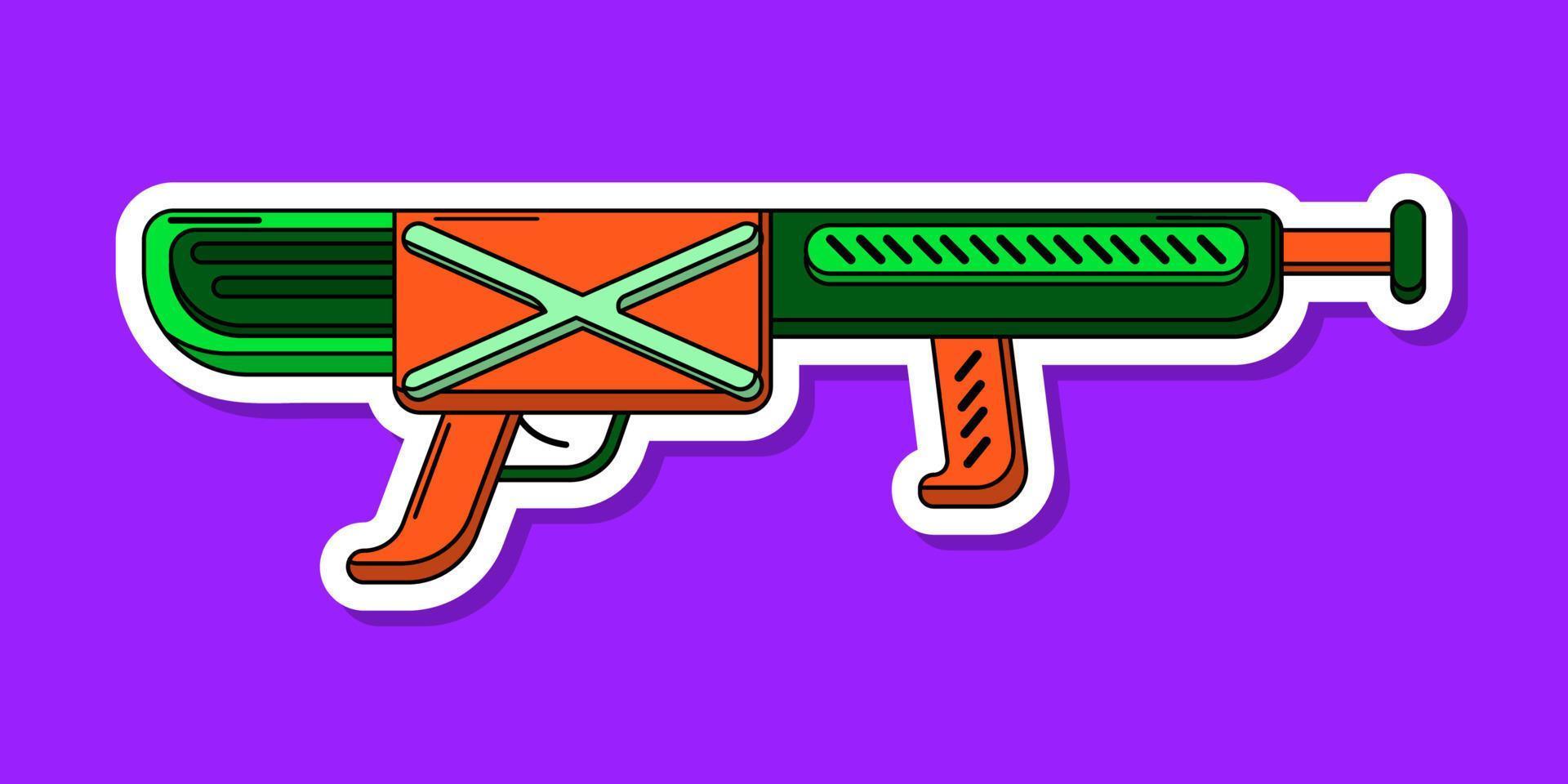 Vector cartoon blaster sticker. Isolated colorful toy gun with white contour. Futuristic weapon design
