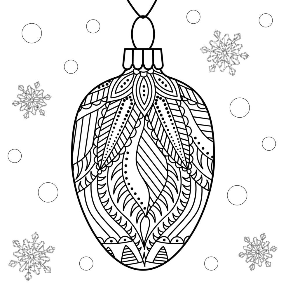 Linear vector Christmas toy with ornate pattern. Isolated glass decor for winter holidays coloring page