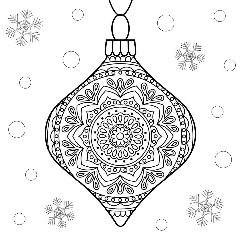 Christmas toy linear illustration for coloring page. Isolated vector outline glass decor for winter holiday