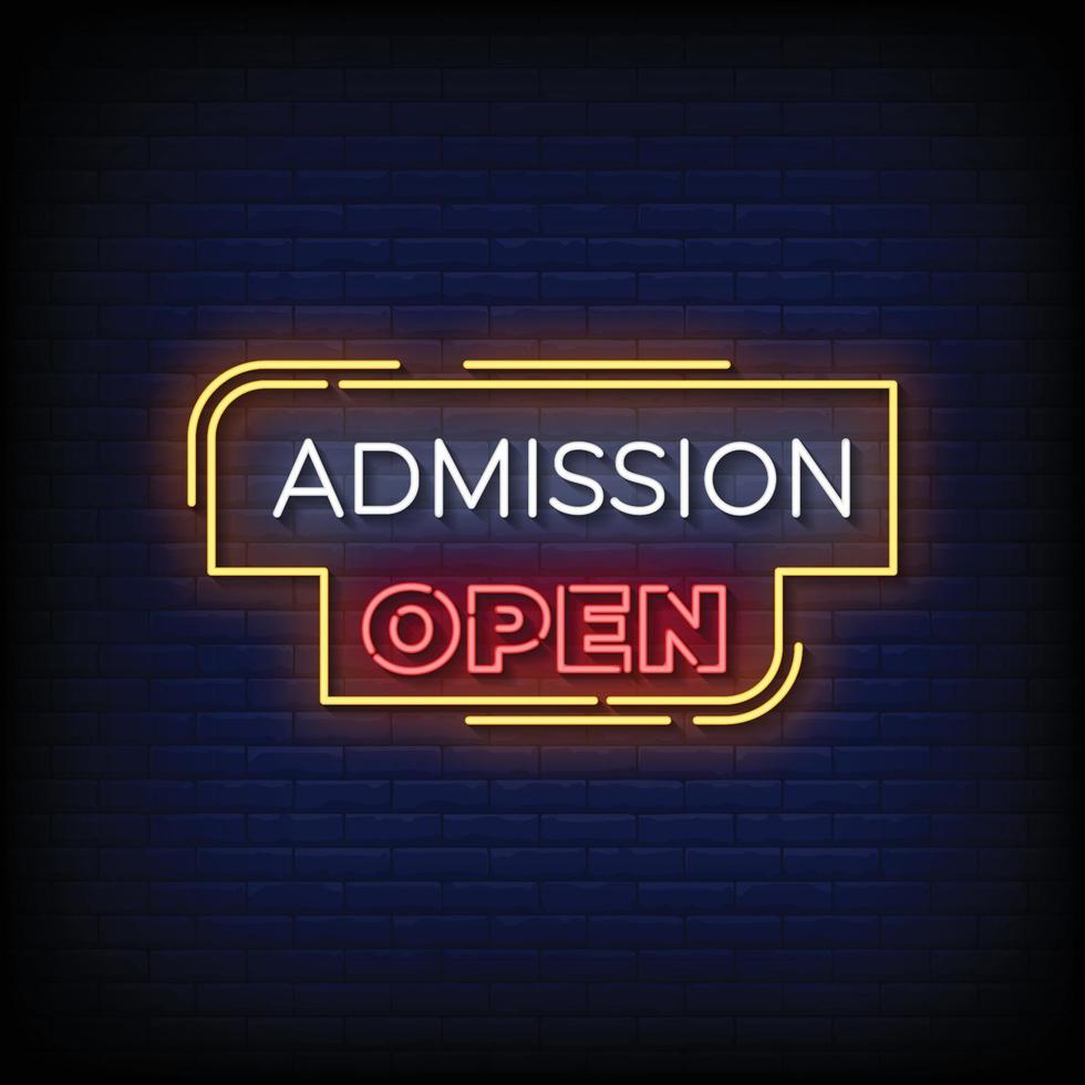 neon sign admission open with brick wall background vector illustration