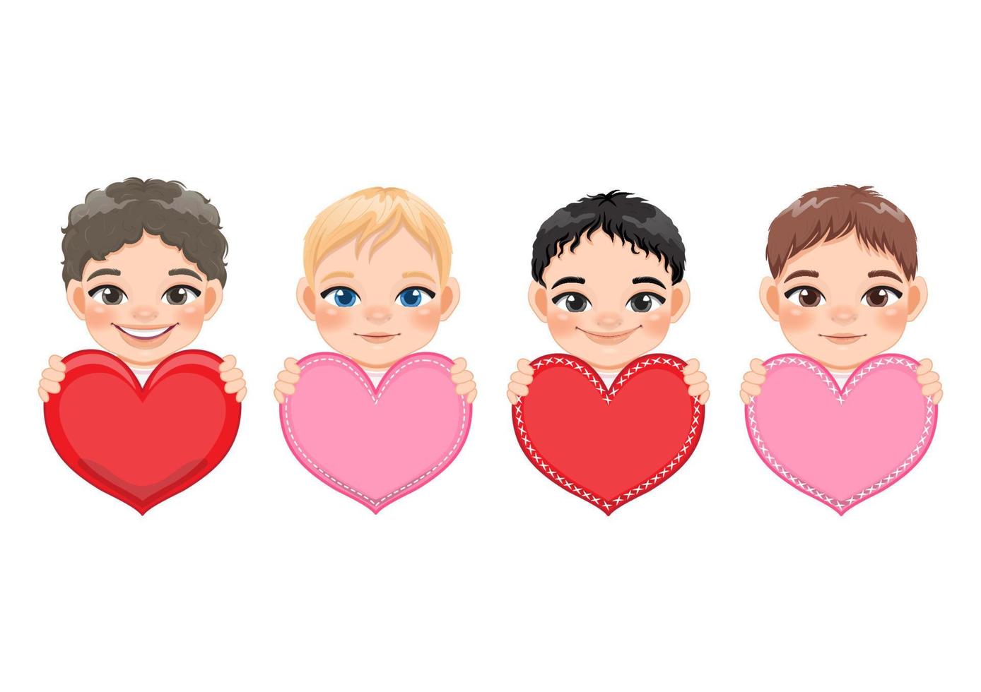 Collection of Cute little Boys Holding Red and Pink Hearts, Happy Kids Celebrating Valentine s Day Vector Illustration